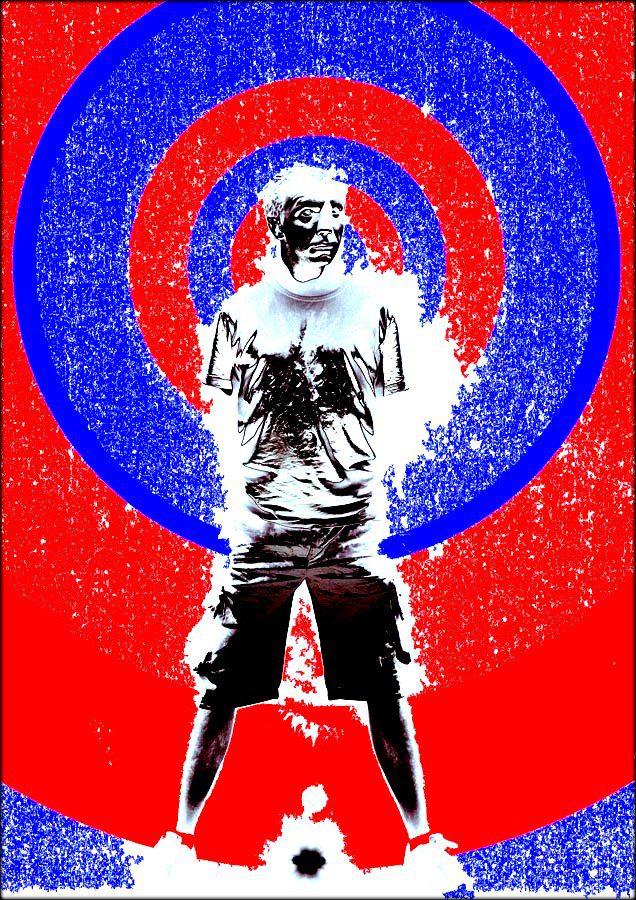 Spray painted man on red and blue target