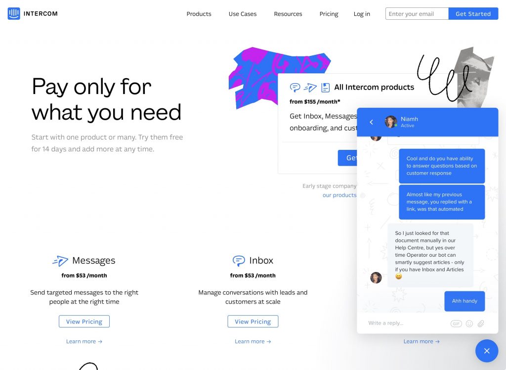 Intercom Inbox web chat sales website screenshot