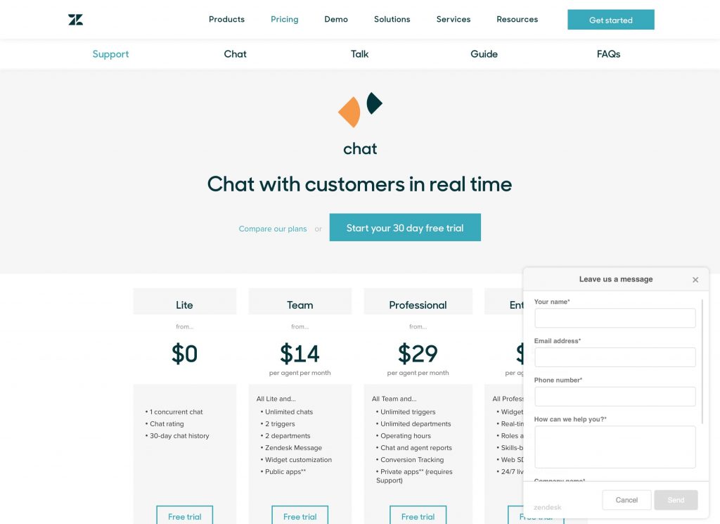 Zendesk web chat sales website screenshot