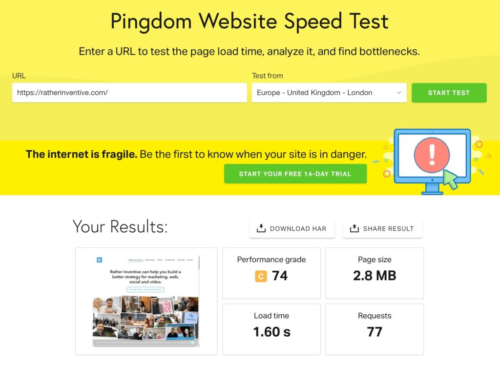Screenshot of Pingdom Website Speed Test