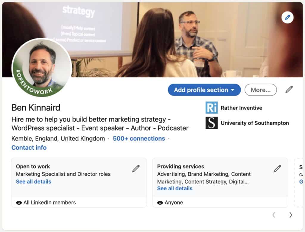 LinkedIn profile Ben Kinnaird screenshot