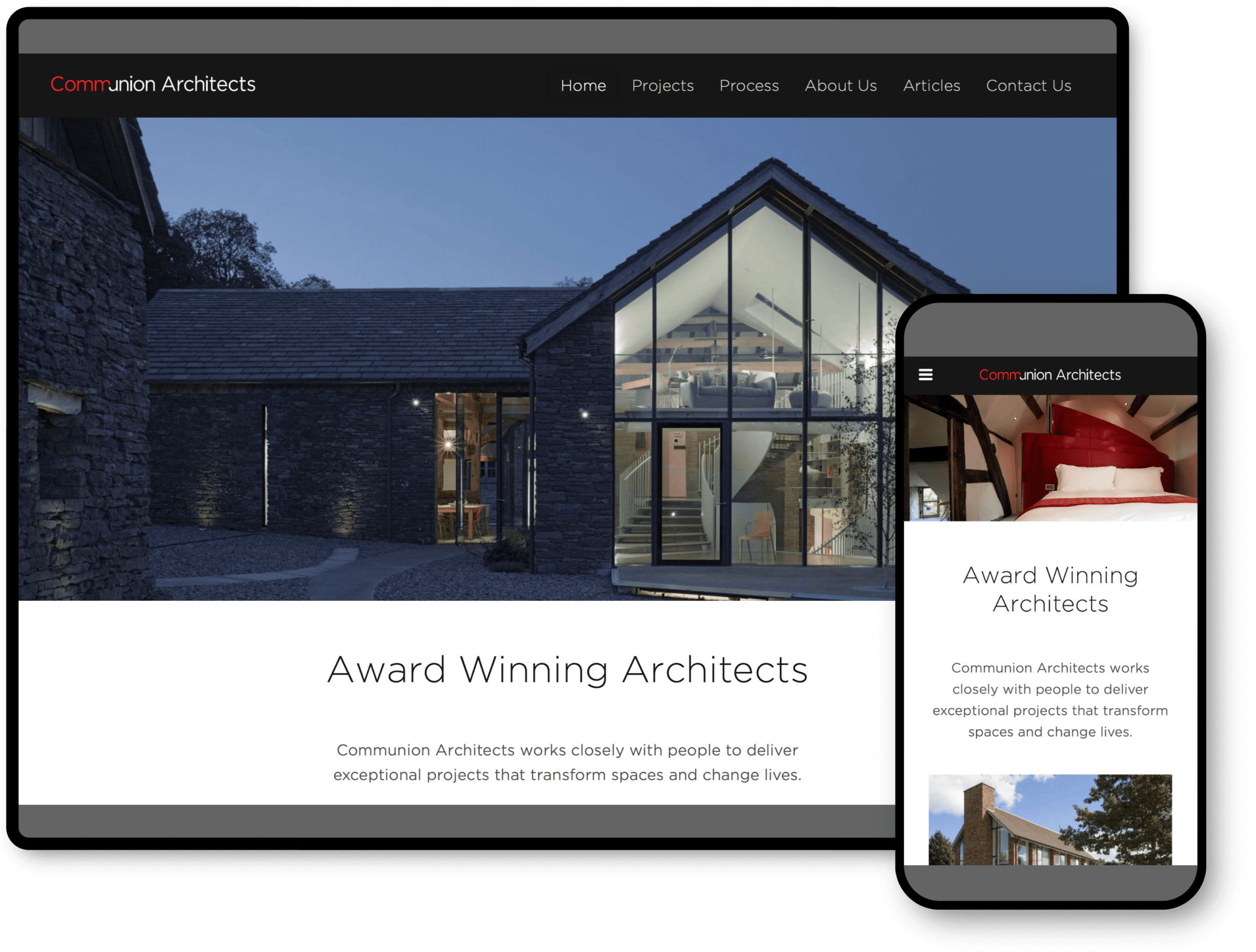 Communion Architects website communionarchitects.com on a desktop and mobile