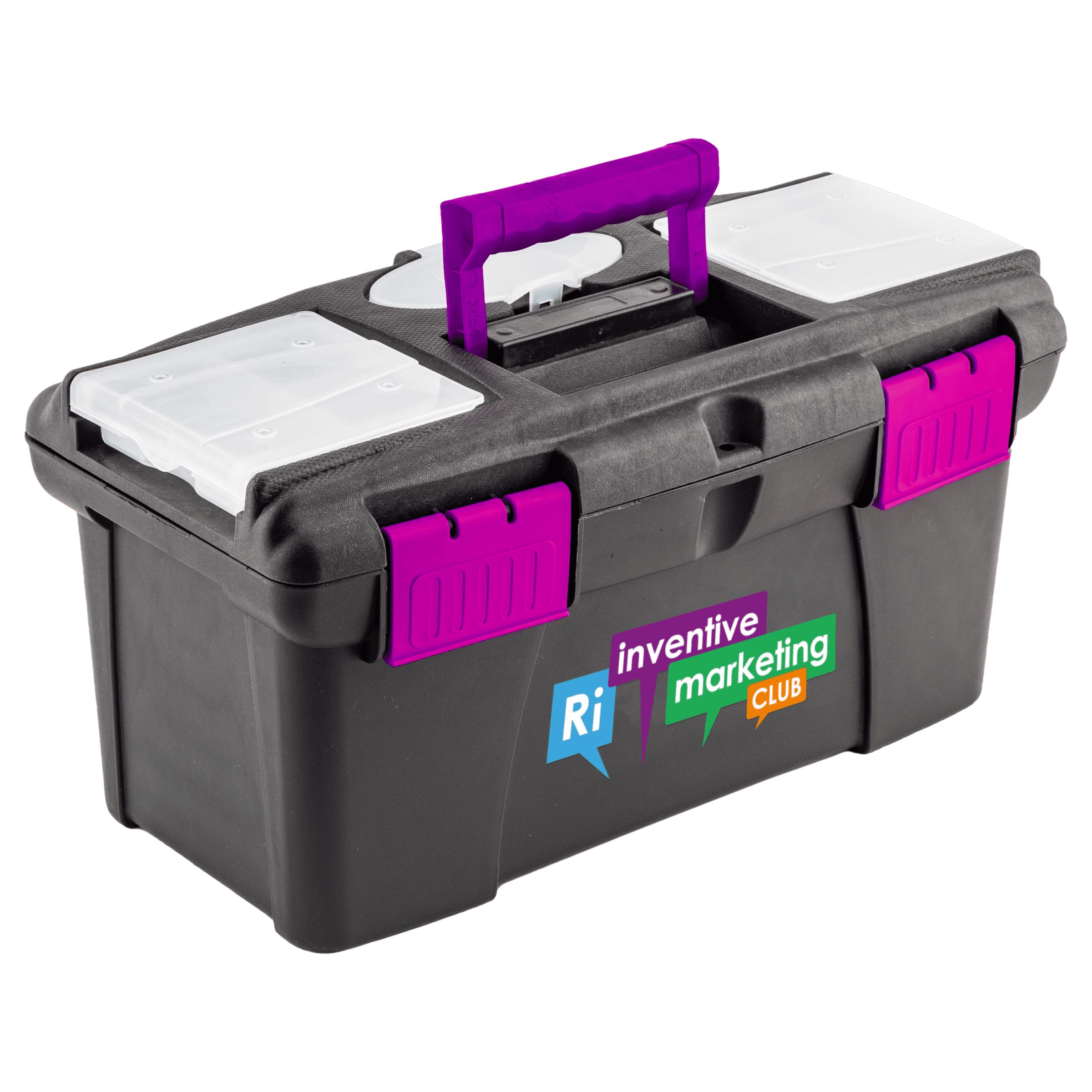 Plastic toolbox with red handle and club logo