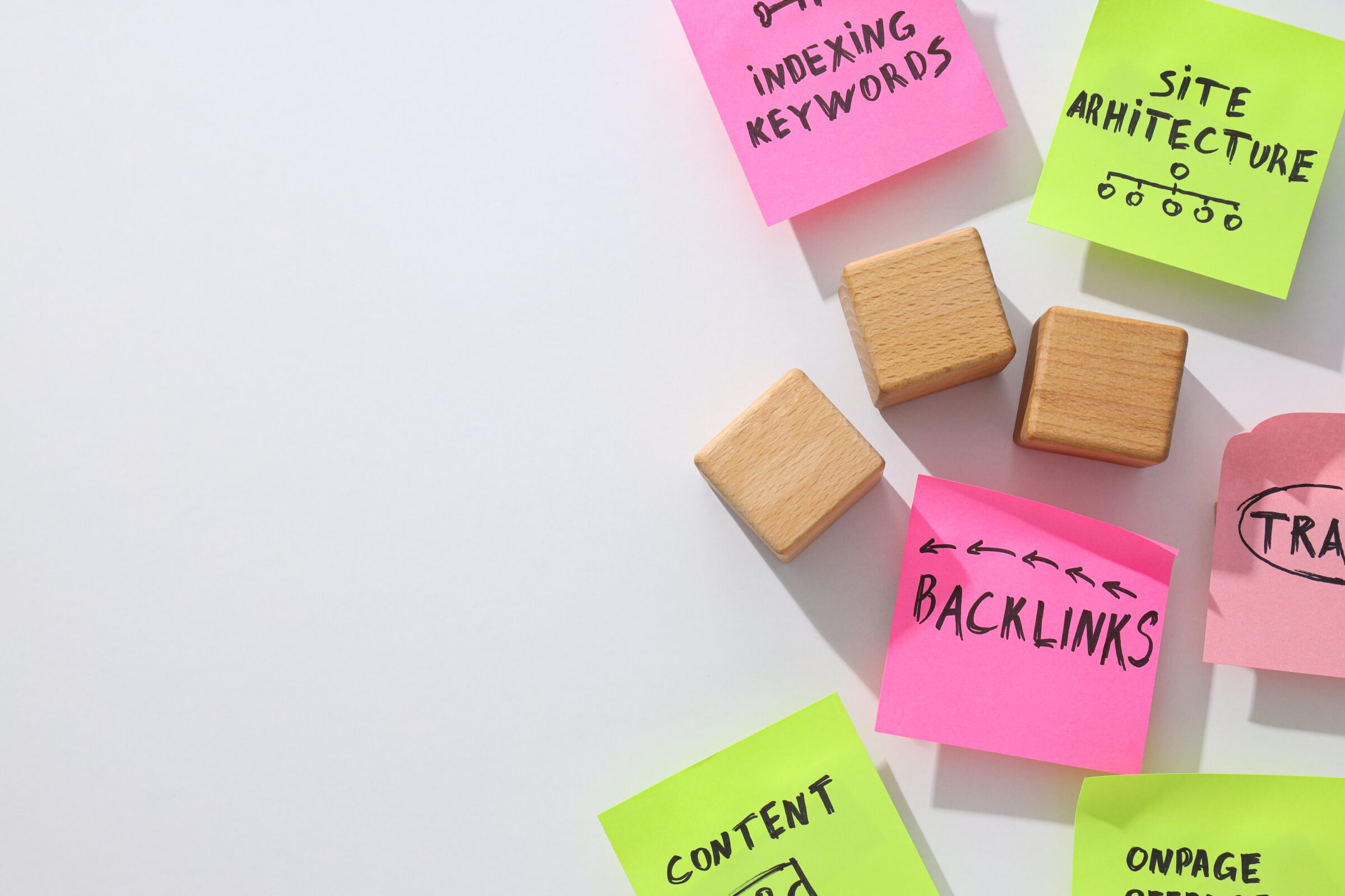 Notes and three wooden cubes on white background, space for text