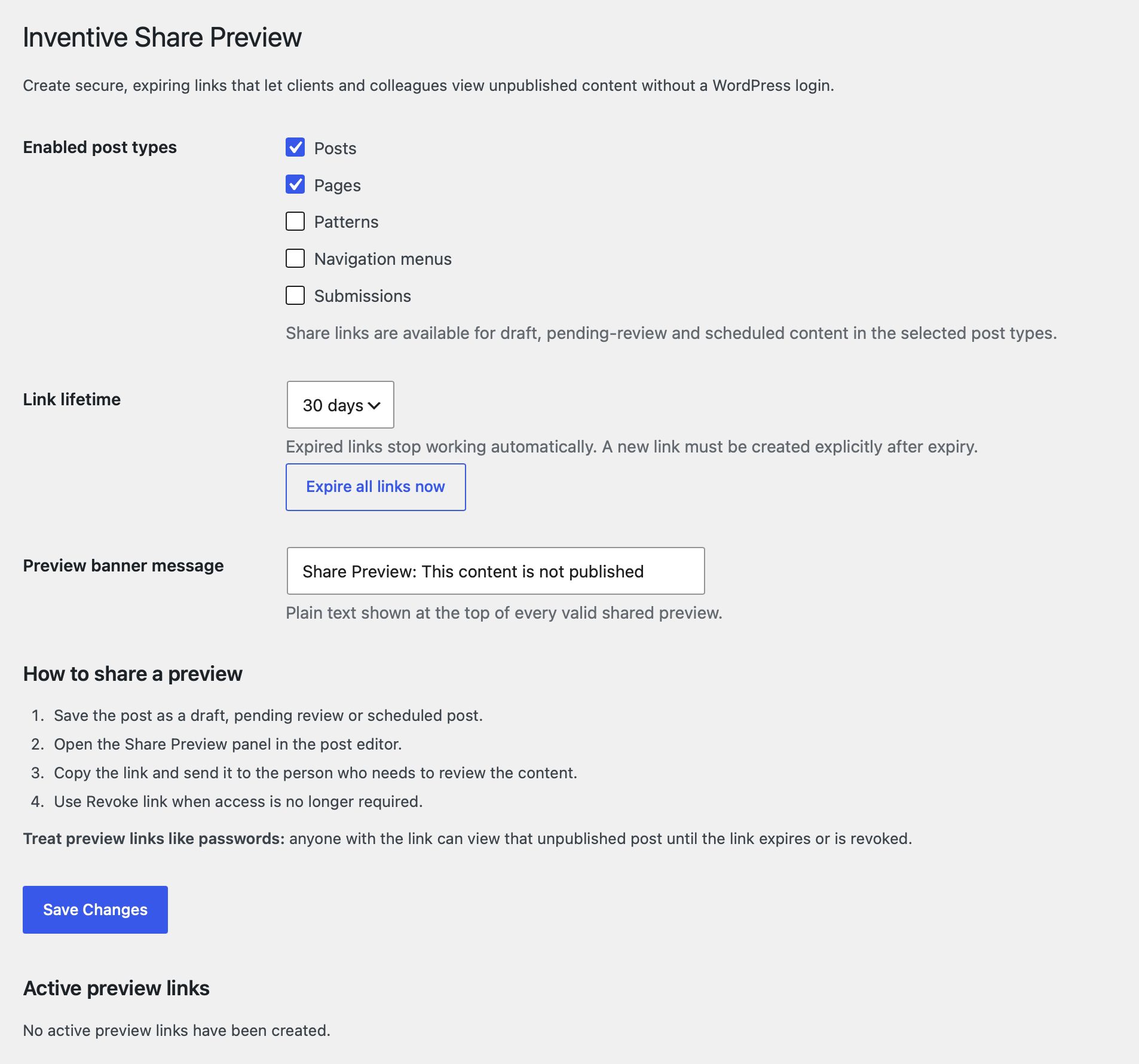 Inventive Share Preview settings screen